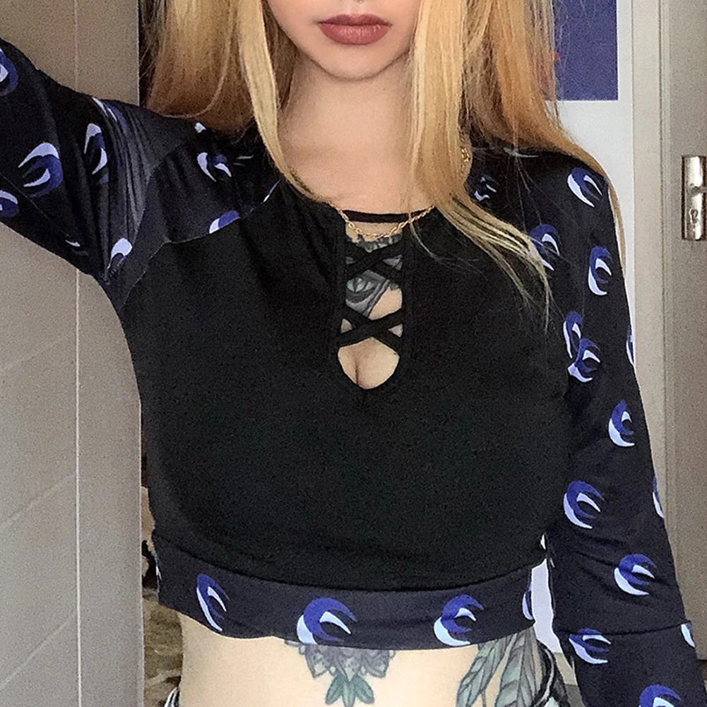 Y2K EGIRL Готическая Луна Partten лоскутные сексуальные футболки Harajuku с вырезами