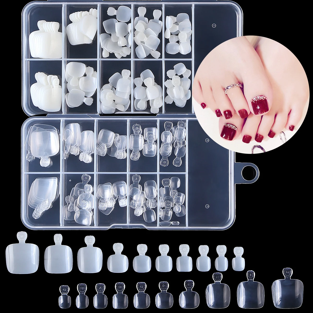 

100Pcs Artificial Acrylic Toe False Nails Tips with Box Foot Fake DIY Nail Art Decoration Toenails Beauty Manicure Tools