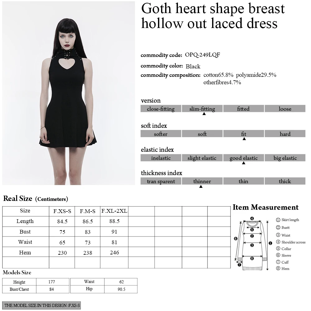 

PUNK RAVE Gothic Heart Shape Breast Hollow Out Laced Women Dress Elastic Cotton Knitted Bandage High Collar Black Women Clothing