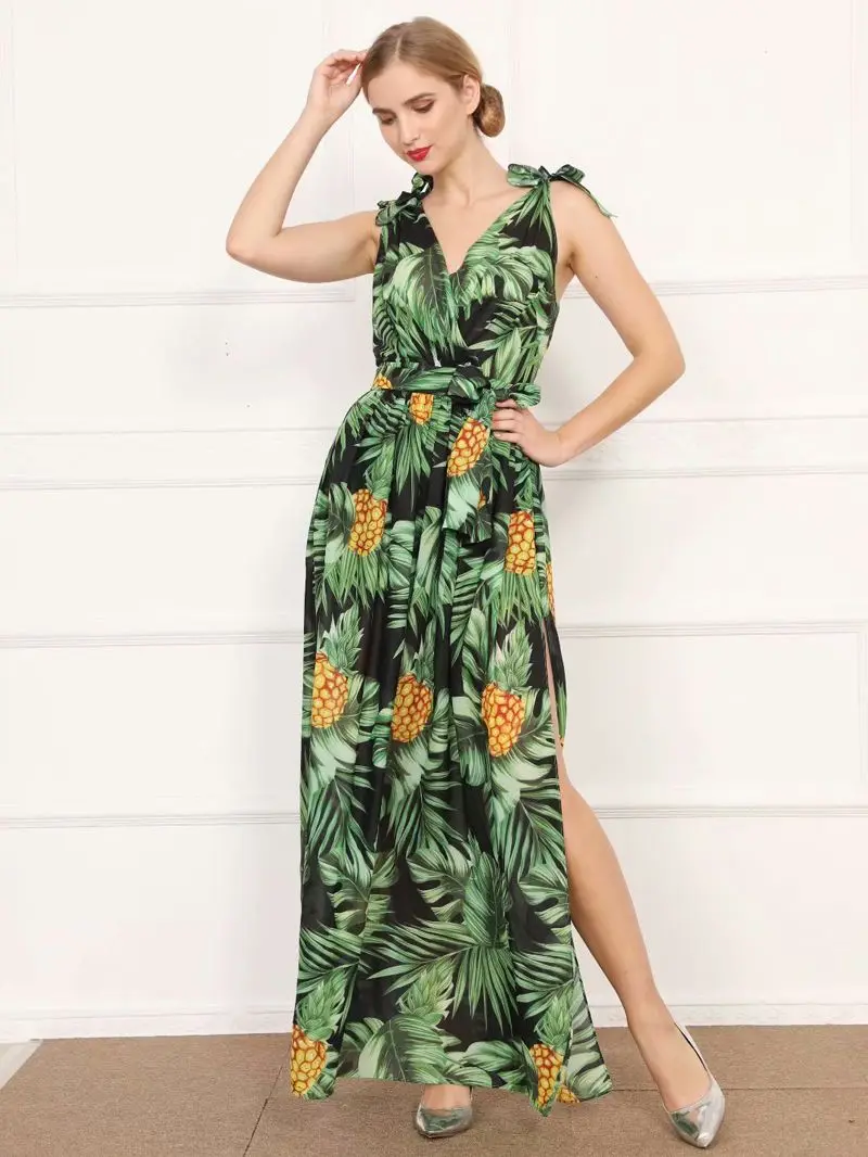 

Green pineapple print v-neck sleeveless long dress boho clothing spring summer 2021 women fashion Large size women's clothing