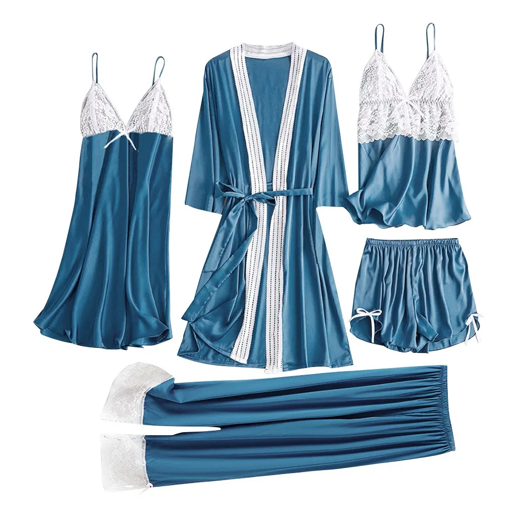 Женский атласный домашний костюм 5 шт. кружевная кофта брюки шорты ночная рубашка