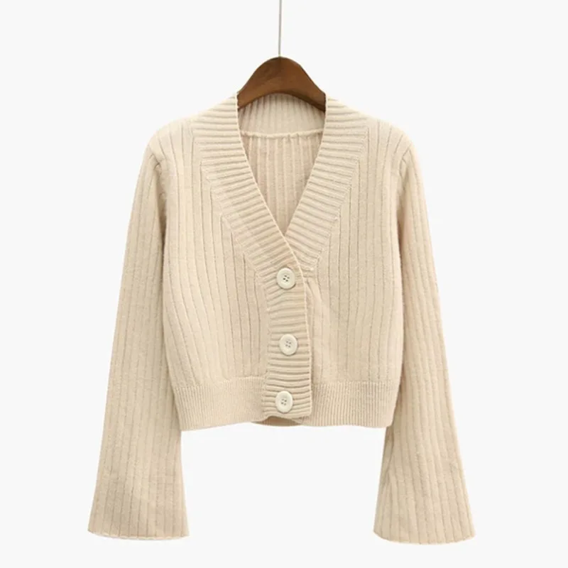 

Cardigan Autumn Long Flare Sleeve Short Sweater Women Ribbed Knitted Cotton Tops white Ladies Soft Outwear Female