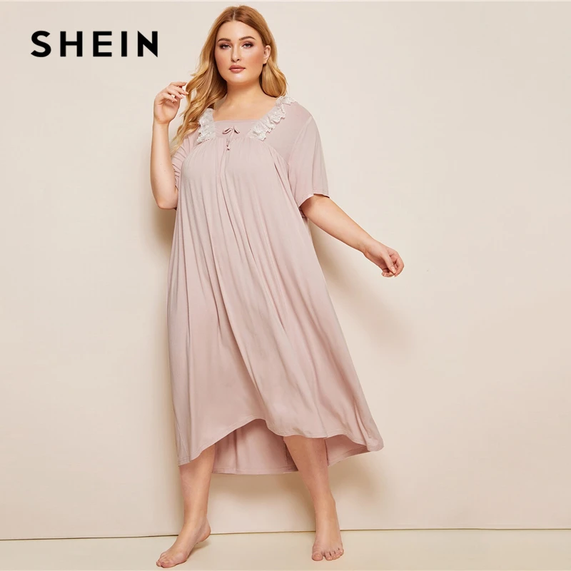SHEIN плюс размер розовые контрастные кружевные ночные платья с коротким рукавом женские летние повседневные квадратные шеи большие размеры пижамы платье