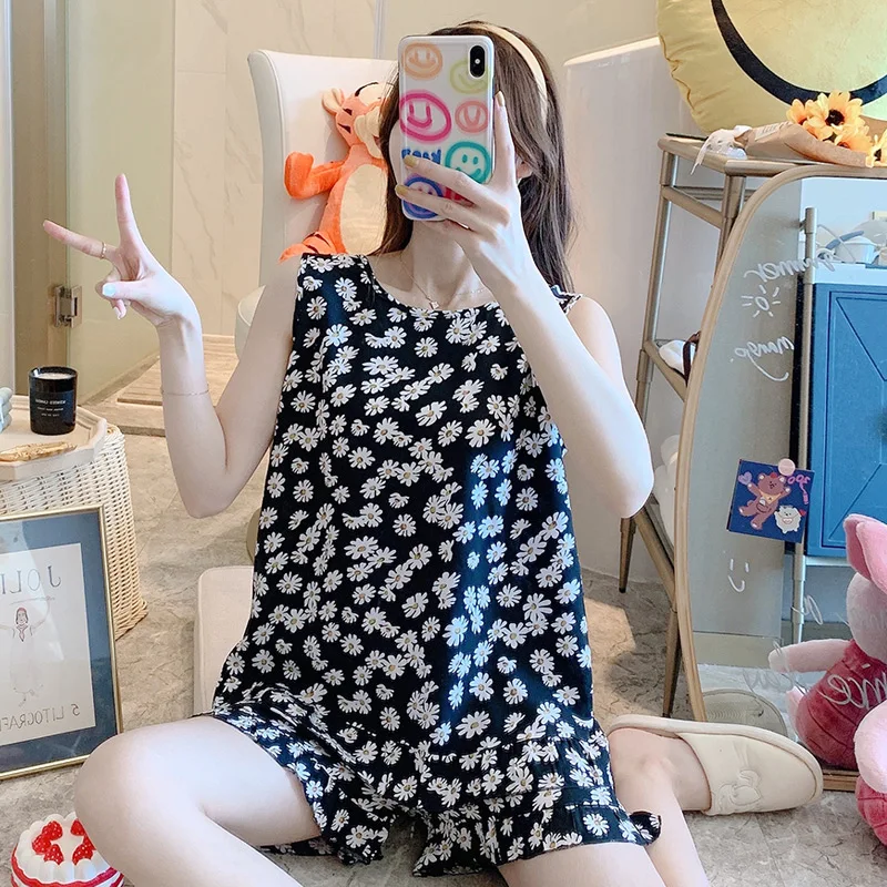 

Пижама женская летняя жилет без рукавов Пижамный костюм женская летняя искусственная маленькая Маргаритка в японском и Интернет-знаменито...