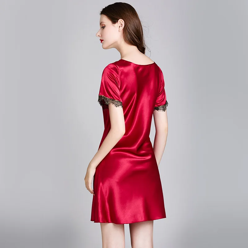 Women's Summer Nightwear Satin Short Sleeve Nightgown V-Neck Solid Color Above Knee Sleepwear Women Lace Sexy Nightdress