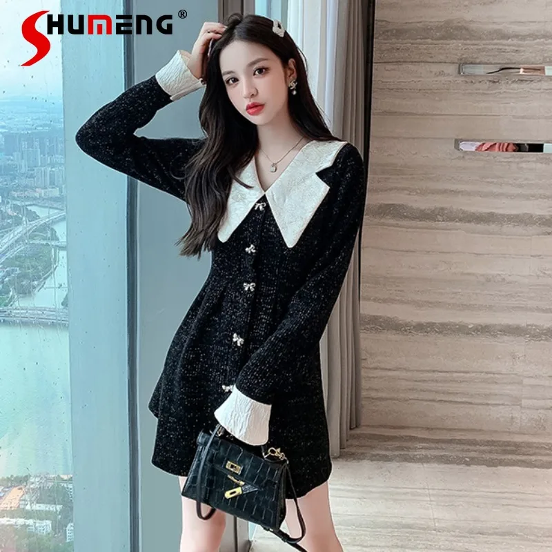 

2021 Autumn and Winter New Ladies French Doll Collar Corduroy Above Knee Dress Women Fashion Sweet Simple Solid Slim Waist Dress
