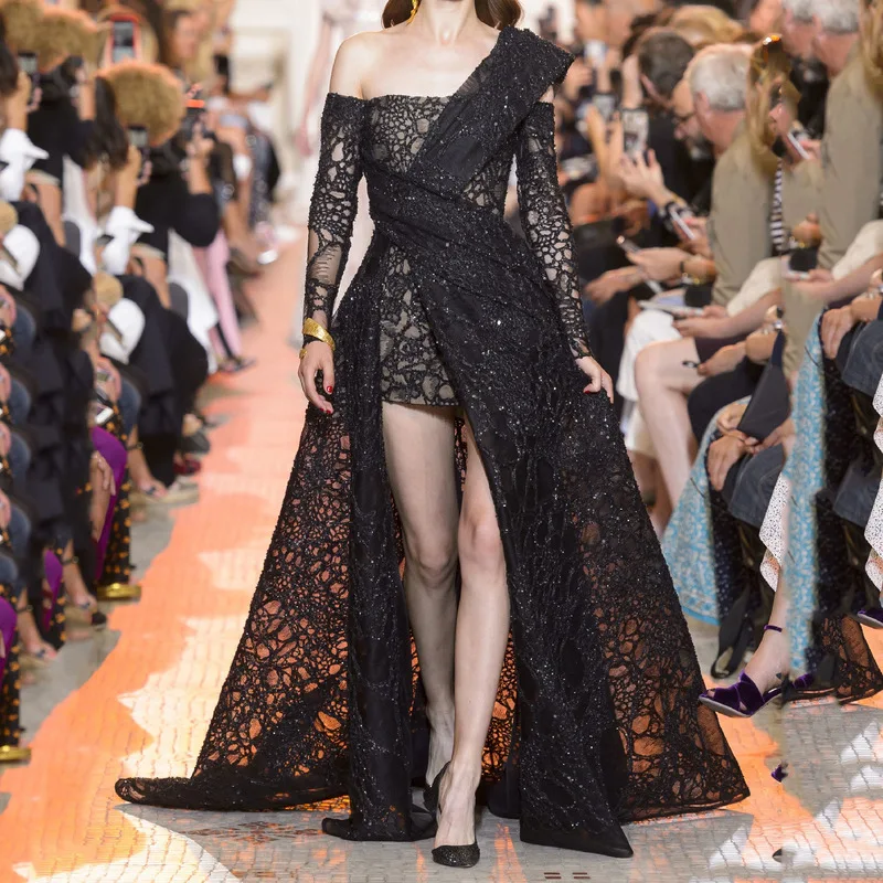 2020 Европейское и американское модное платье черное кружевное Элегантное