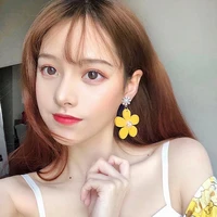 summer cute girl yellow pearl flower wooden exaggerated women fashion personality temperament earring sister student accessories