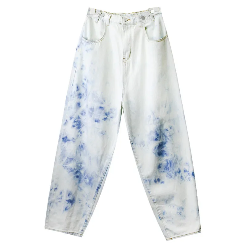

[EAM] Tie Dye Casual High Waist Wide Leg Denim Jeans Loose Women Full Length Trousers Fashion Tide Spring Autumn 2021 1DD7226