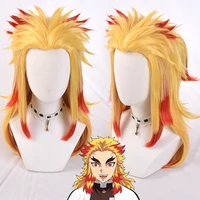 anime demon slayer rengoku kyoujurou blonde ombre wig cosplay costume men women heat resistant pontail hair wigs wig cap