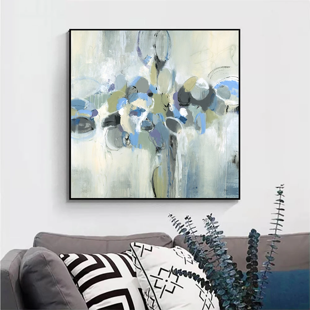 

100% ручная роспись, абстрактная картина маслом, синяя и зеленая картина, настенное искусство для гостиной, высококачественная акриловая жив...