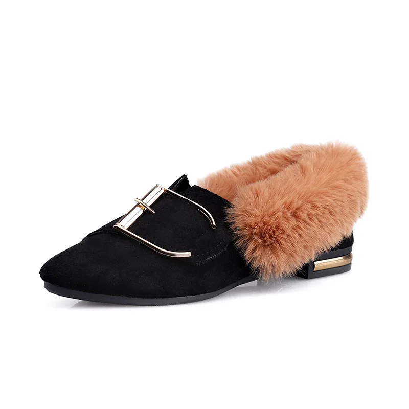 

Loafers Nature Fur Square Toe Slip-On Fashion Cow Suede Buckle Plush Lady Flat Winter Zapatos Mujer Big Size Woman Shoes