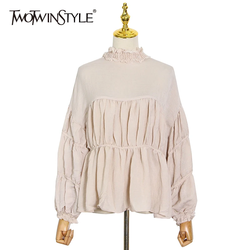 

TWOTWINSTYLE Ruched Elegant Shirts For Women Stand Collar Puff Long Sleeve Loose Solid Blouses Females Clothing 2021 New Stylish