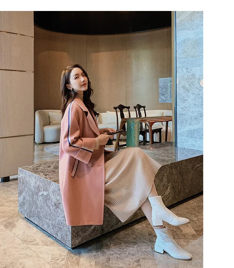 

Women's autumn winter Loose medium length woolen coat female vintage double breasted outware chic Blouse TB3450