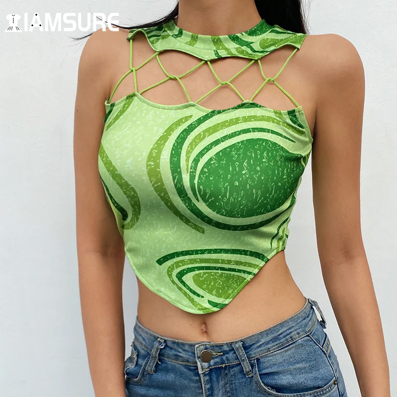 

IAMSURE Hollow Out Paisley Print Tank Top Y2K Aesthetic Sexy Slim Sleeveless O-Neck Crop Tops Women 2021 Fashion Club Streetwear