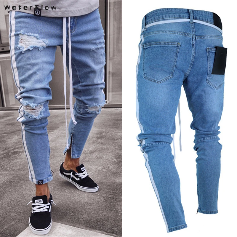 Узкие джинсы для мужчин потертые стрейч голубые рваные скинни облегающие Прямая