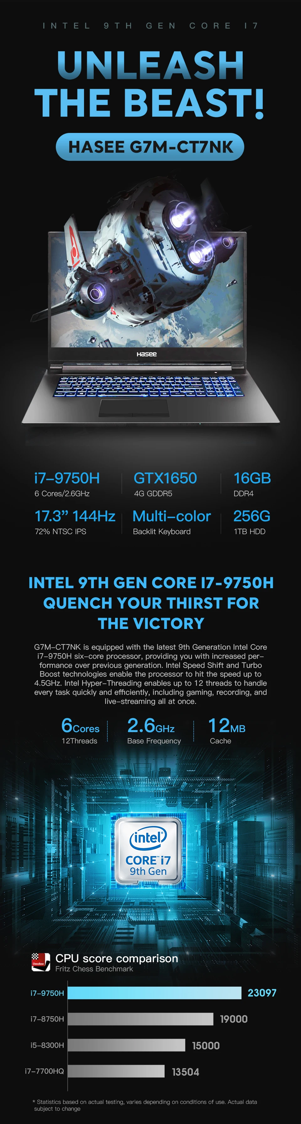 Ноутбук hasee G7M-CT7NK для игр(Intel i7-9750H+ GTX1650 4GGDDR5/16G ram/256G SSD+ 1T HDD/17,3 ''IPS 72% NTSC
