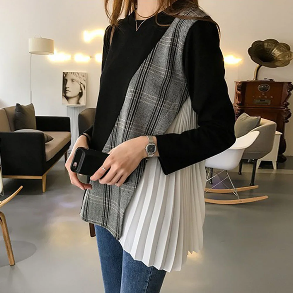 Женская футболка в клетку Корейском стиле черная Весенняя с длинным рукавом