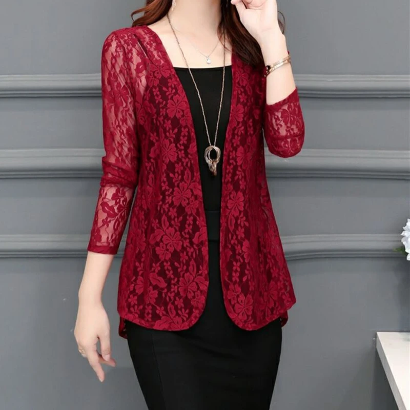 

2023 New Fashion Knitted Lace Office Beach Top New M~XXL Wrap Coat Hollow Out Long-Sleeve Small Shawl Cardigan 4 Color