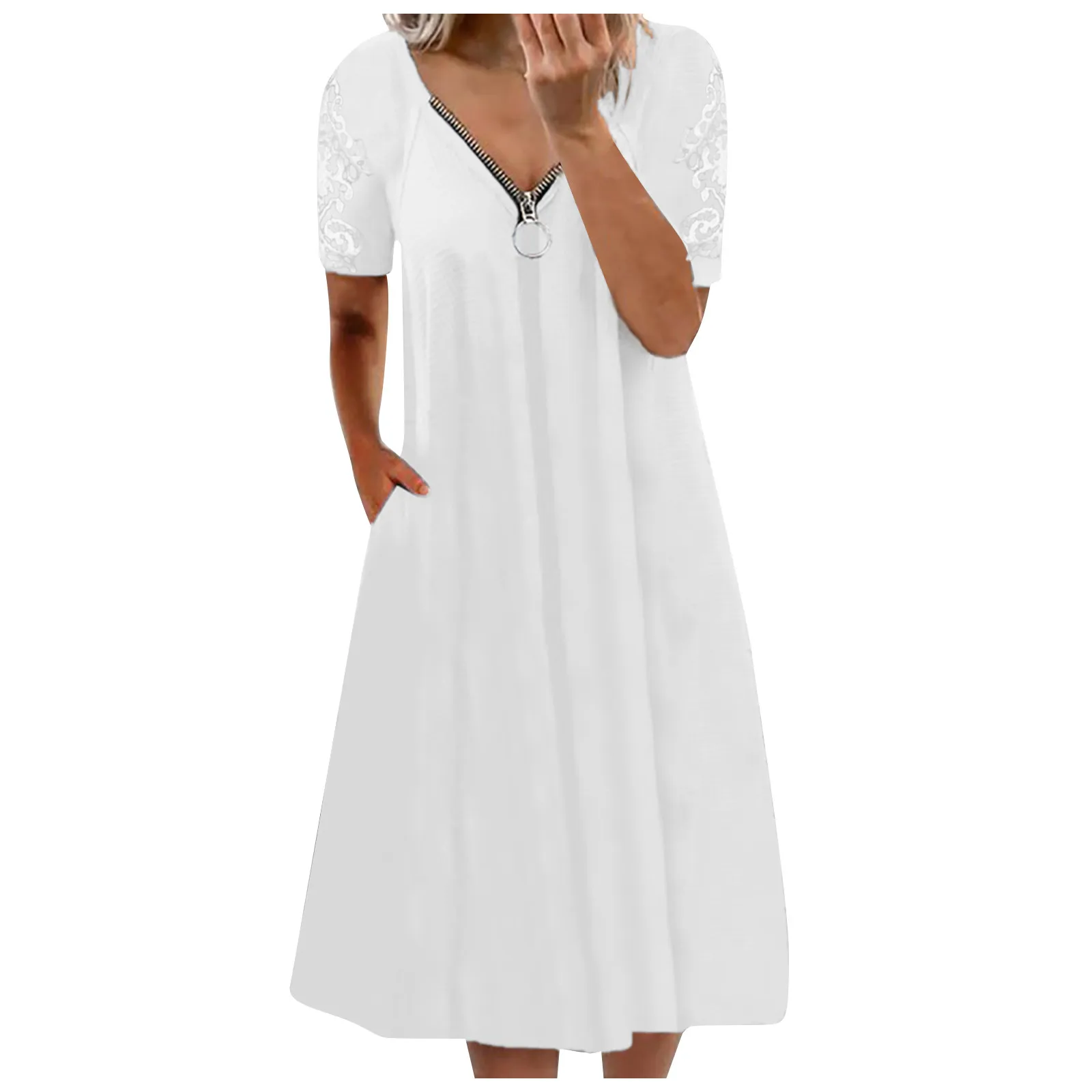 

Dresses For Women's Casual Fashion Solid Lace Short Sleeve Zipper V-neck Knee-length Dress Hot Sale 2021