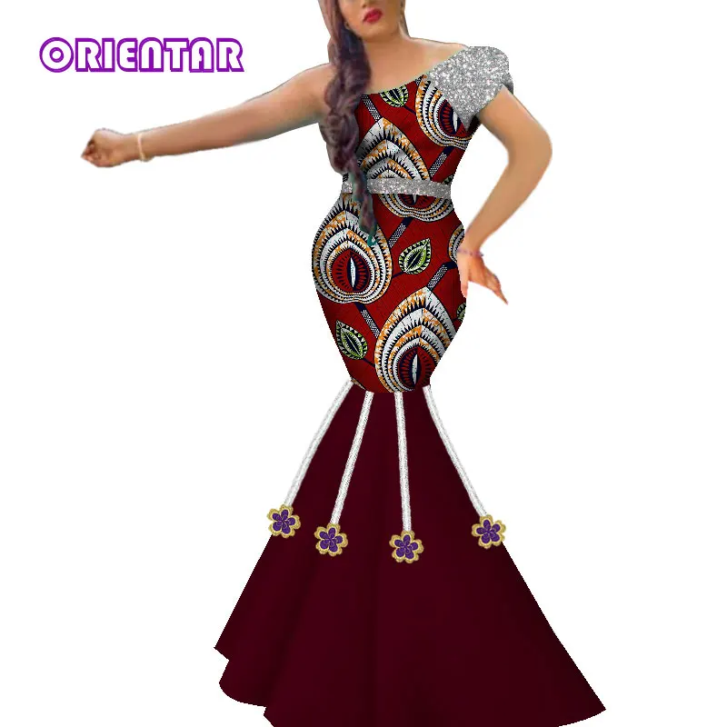 2019 New African Dresses for Women In African Clothing with Appliques Bazin Riche Lady African Mermaid Evening Dresses WY5089
