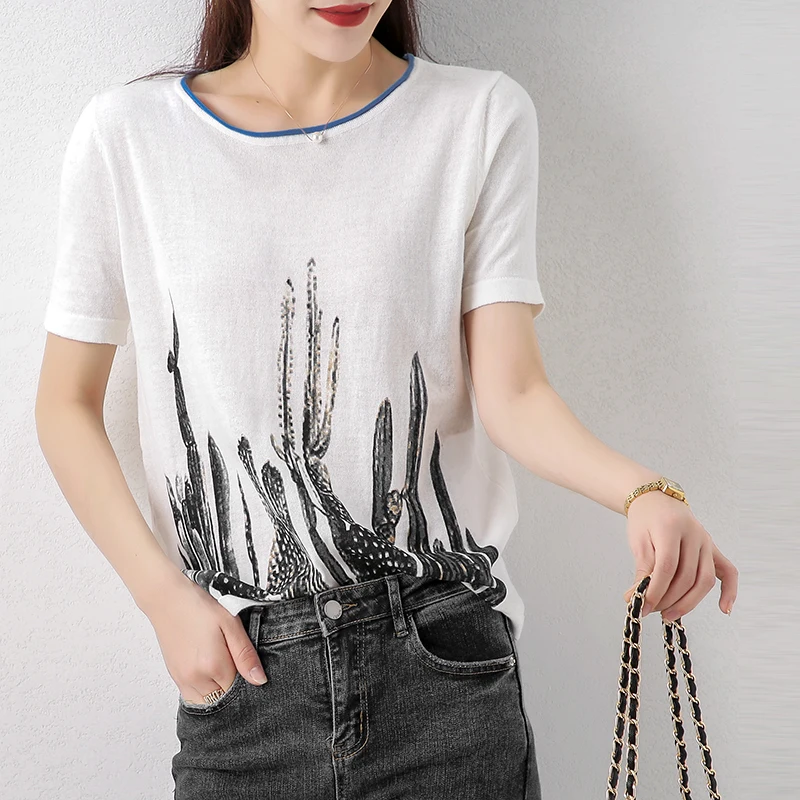 

knitted tshirt women summer o-neck pullover elastic fashion casual short sleeves loose top jacket stylish female cotton tshirts