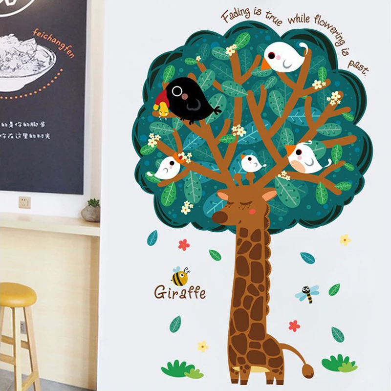 Creative Giraffe Tree Wall Stickers Cute Birds Kids Room Decoration Vinyl Removable Cartoon Mural Decals Self Adhesive Posters | Дом и сад