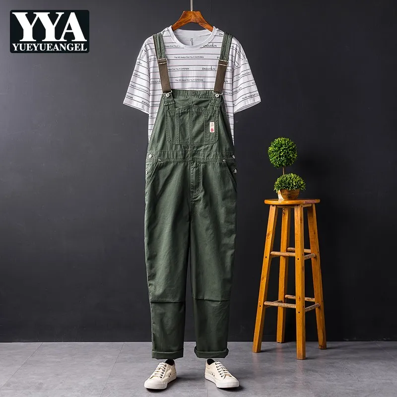 Men Vintage Casual Overalls Rompers Army Green Loose Straight Cargo-Pants Multi-Pocket American Style Street Suspenders Jumpsuit