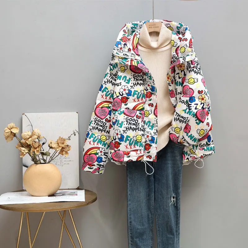 

2021 New Style Winter Fashion Short Women Down Coats Loose Cartoon Print Thick Warm White Duck Down Jackets Parkas ZYF0028
