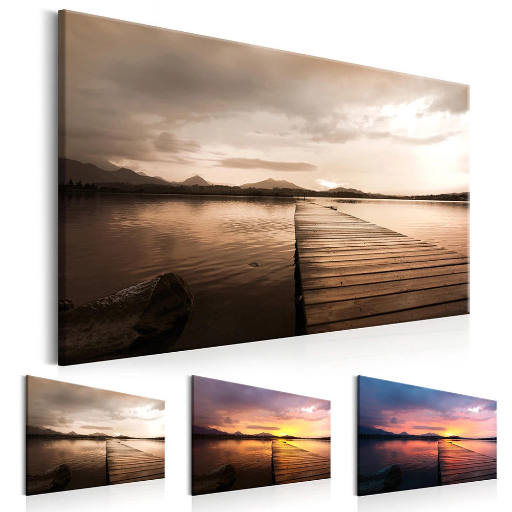 

Canvas Print Painting Sunset scenery Twilight Seaside wooden bridge Home Decoration Wall Pictures for Living Room(No Frame)