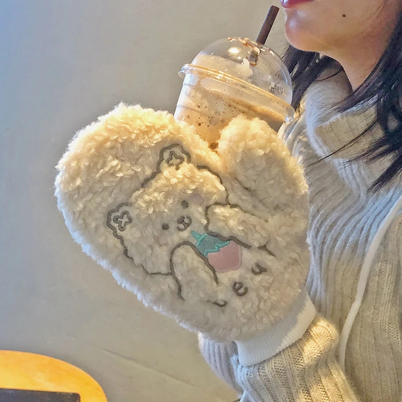 

2021 Females Korean Ins Bear Dog Gloves Women's Girls Winter Kawaii Cute Bears Plush Fur Thick Riding Mittens Glove Keep Warm