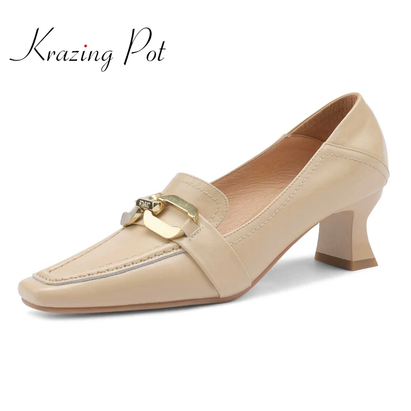 

Krazing Pot full grain leather square toe high heels metal fasteners French romantic elegant beauty lady party women pumps L35