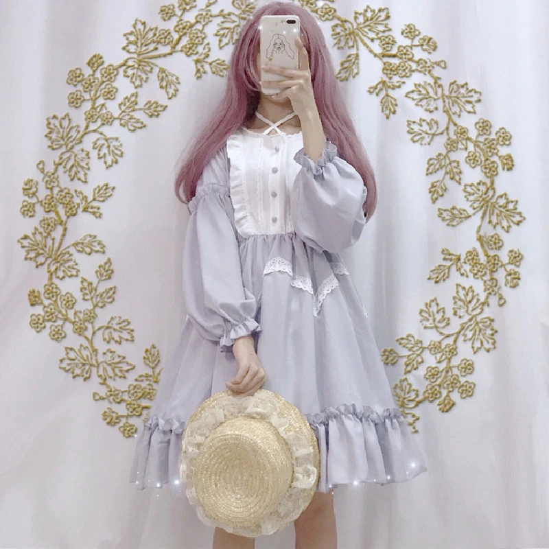 

Summer Japanese Lolita Vintage Dress Kawaii Female Soft Girl Wind Cute Fungus Lace Dress Long Sleeve Baby Doll For Woman Dresses