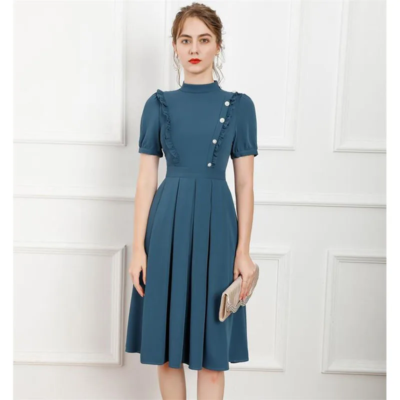 

Women Dress High Quality New Stand Collar Short Sleeves Ruffles Elegant Party Dresses Work Office Dress NP1556W