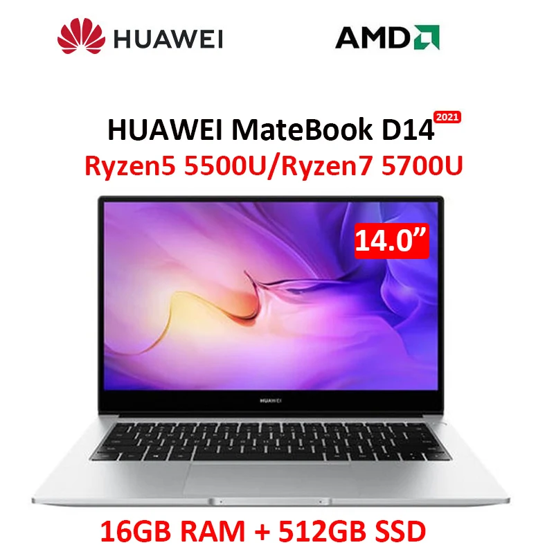 

HUAWEI MateBook D14 laptop 2021 AMD Ryzen5 5500U/Ryzen7 5700U 16GB RAM 512GB SSD WiFi6 Windows10 full-screen notebook computer