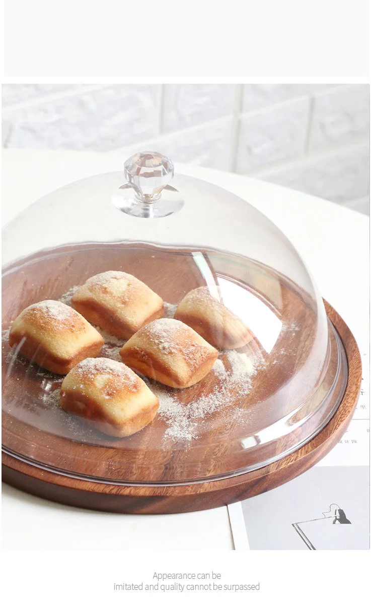 

Acrylic Cake Dessert Display Plate Lead-free Baking Bread Snack Tasting Plate With Lid Shopwindow Dessert Table Wood Tray
