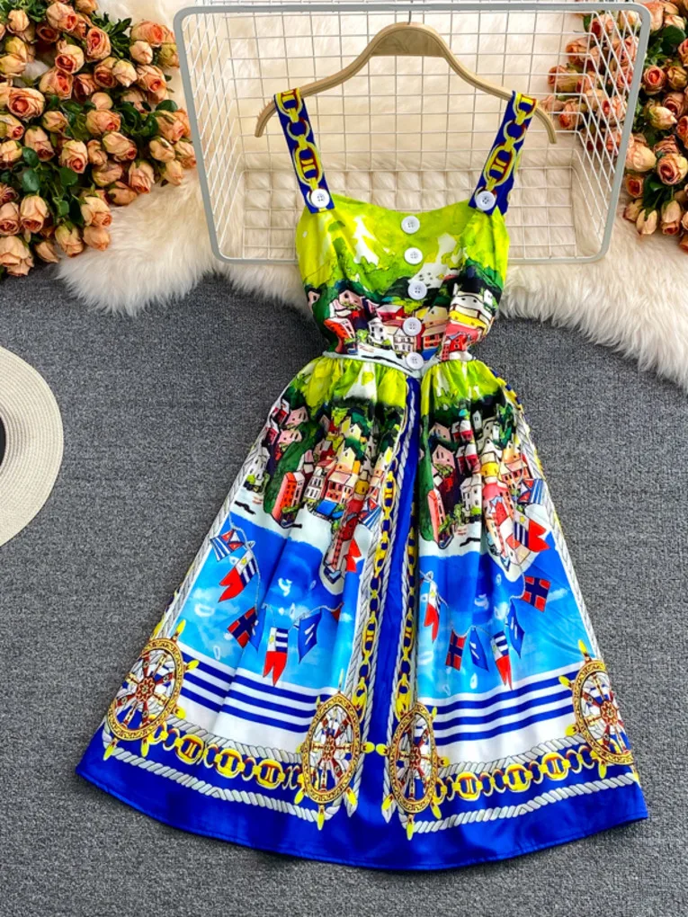

2021 Summer Women Midi Printed High Waist Dress Sleeveless Elegant Suspender Strap Holiday Beach Dresses
