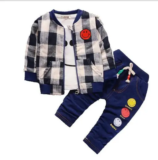 Baby Boy Clothes Korean Fashion Sports Plaid Jacket Smile T-shirt Pants 3PCS Infant Outfit Girl Suit Bebes Jogging Suits | Детская