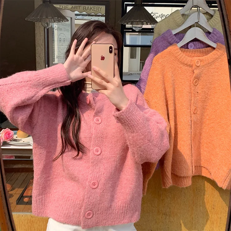 Женский короткий кардиган на пуговицах повседневный Однотонный свитер с круглым