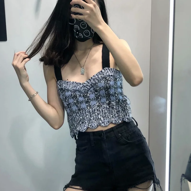 

Women's Fashion Texture Short Tweed Knitted Vest Suspenders Retro Square Collar Sleeveless Bottoming Plaid Halter Female Top