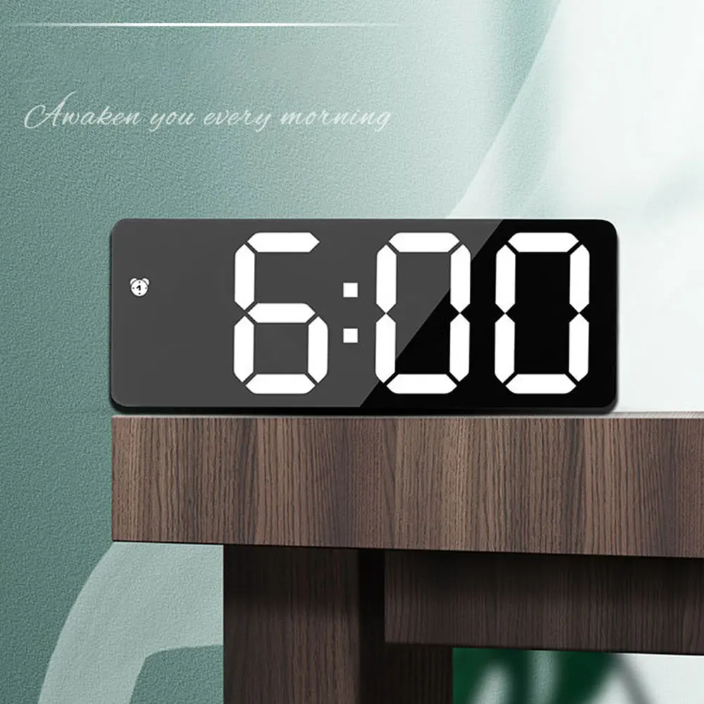 

Voice Control Silent LED Digital Snooze Time Adjustable Brightness Temperature Display ABS Rectangle Alarm Clock Home Decor