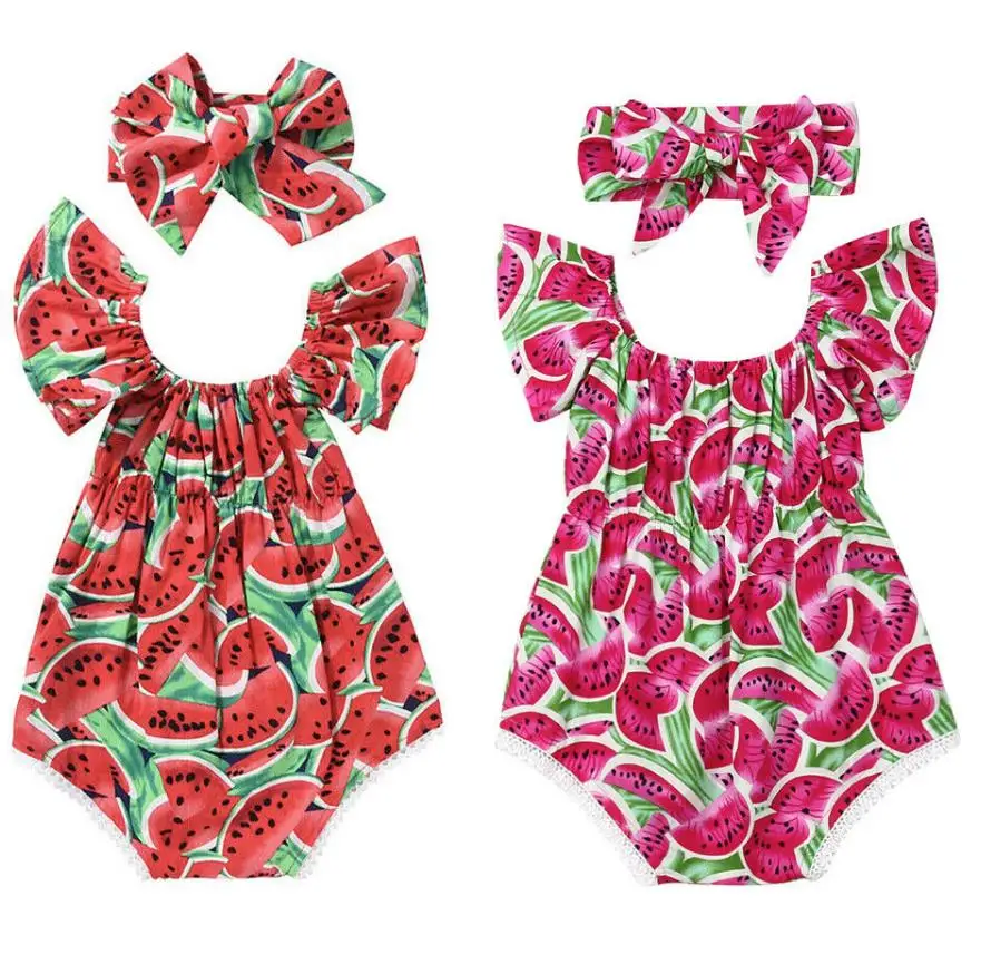 

Infant Newborn Baby Girls Watermelon Print Lace Sleeveless Romper Headband 2PCS Clothes Kids Playsuit Jumpsuit Outfit Sunsuit