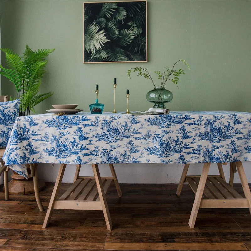 Скатерть прямоугольная с синими чернилами винтажная ткань для пикника кофейни