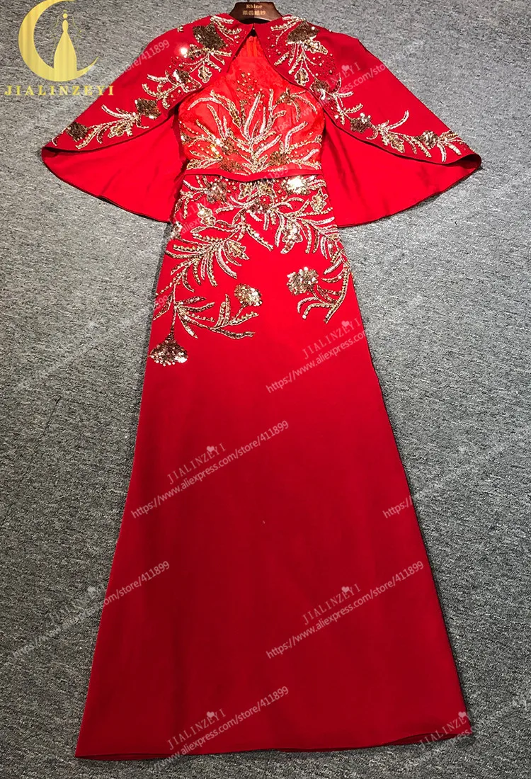 Rhine real Pictures Red Two Peices Satin Gold Beads Mermaid Floor Lengyth Dress Of Mother Arabic Evening Dresses Long
