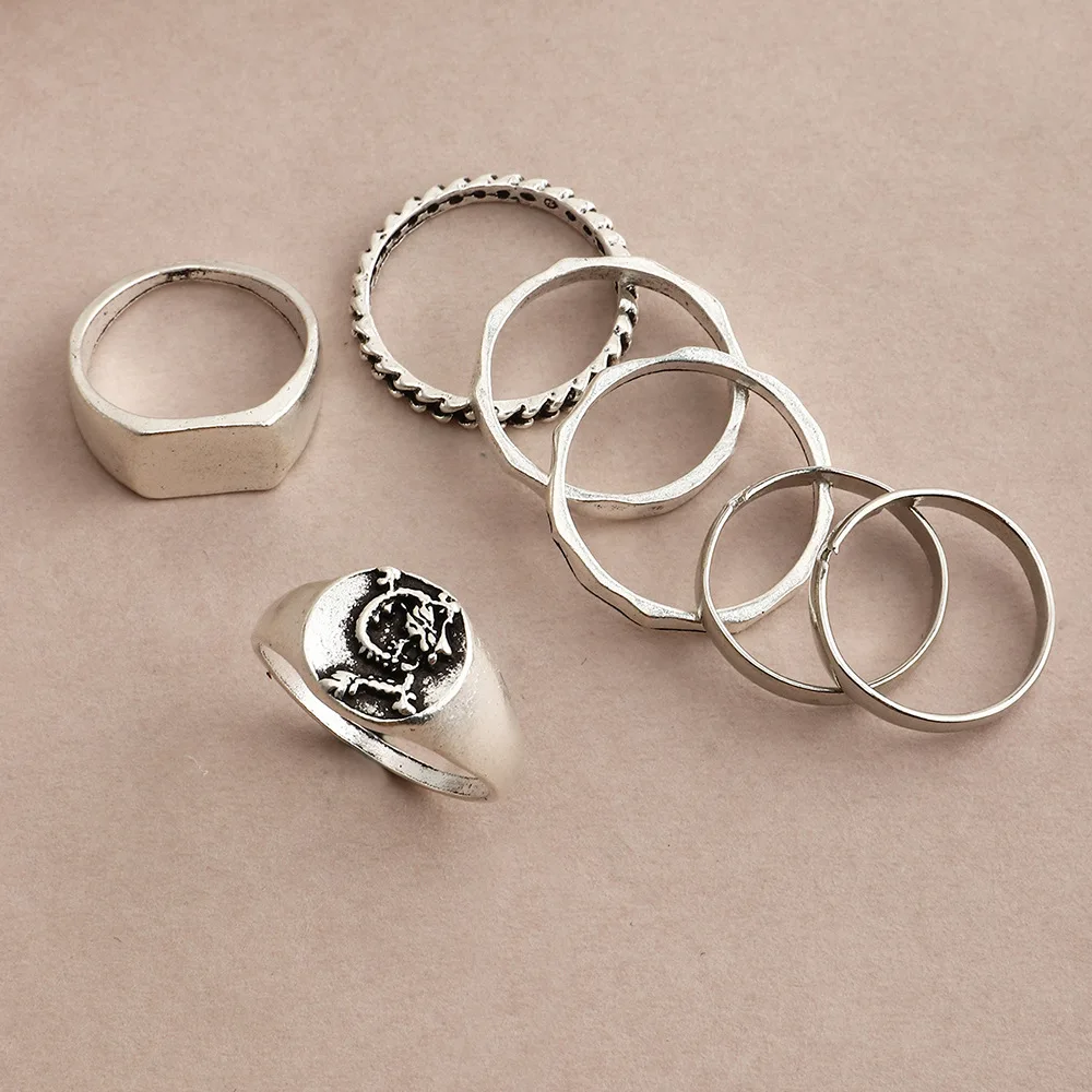 

7Pcs/Set Women Bohemia Rings Set Retro Dragon Totem Geometry Silver Color Finger Joint Ring Sets Ladies Beach Party Jewelry Gift