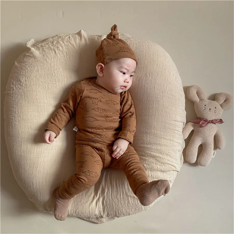 

Комбинезон, штаны и шапочка для новорожденных мальчиков и девочек, хлопковый, с мультяшным динозавром, 3 шт.