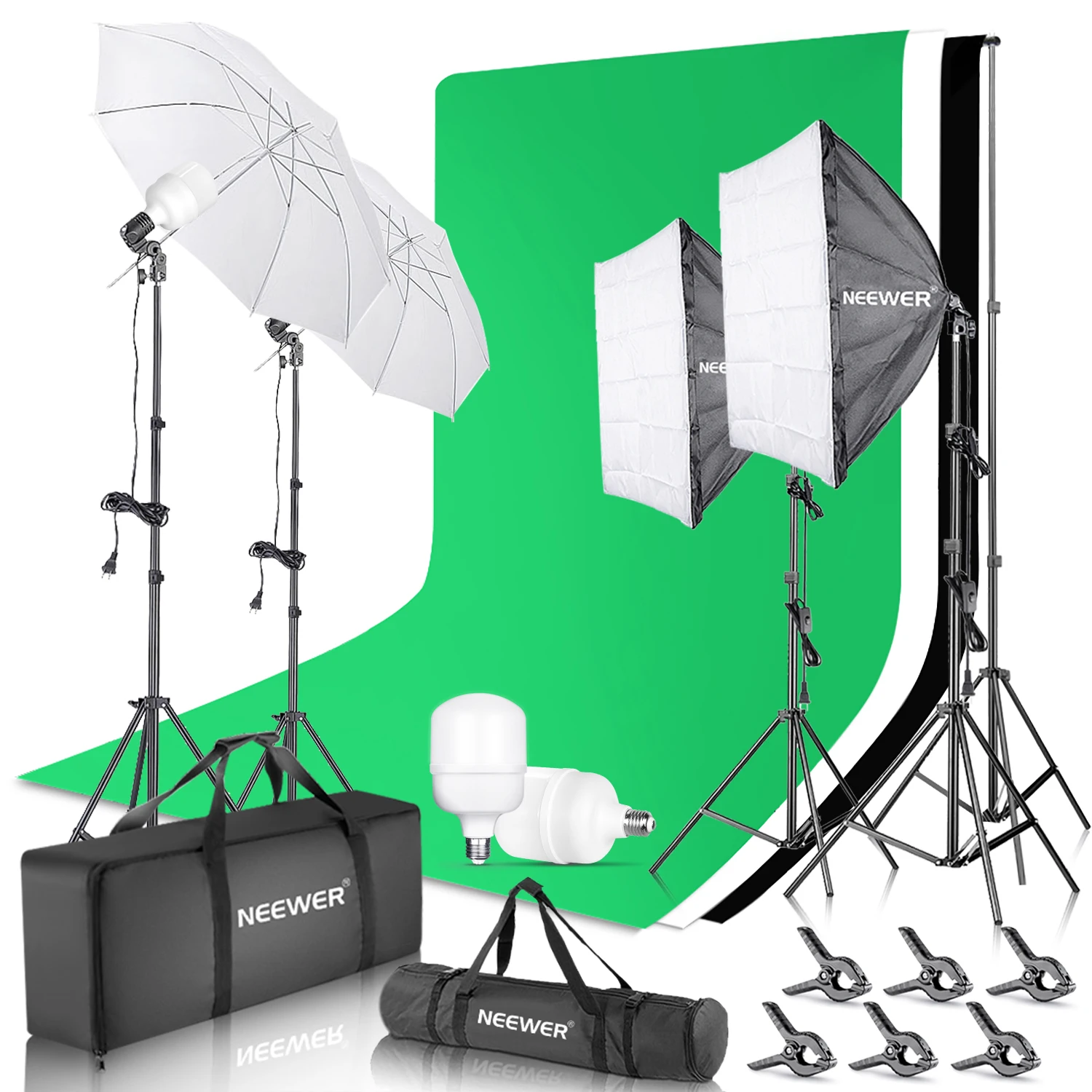

Neewer 8.5x10ft Backdrop Stand Support Kit with 6x9ft Background, 900W 5500K 24-inch LED Softbox and Umbrellas Continuous Lighti