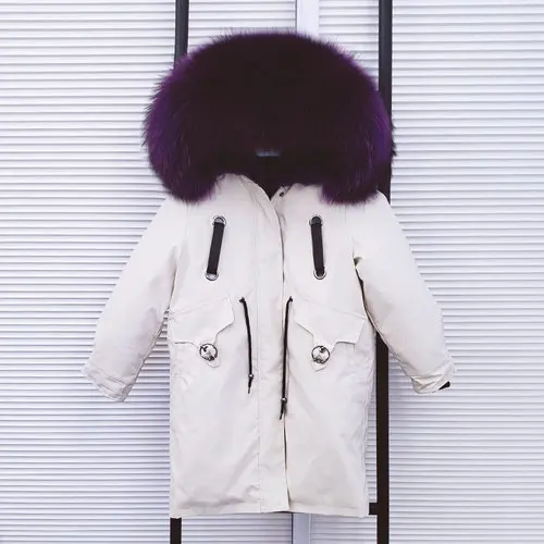 Khaki Violet Новинка года, парки с натуральным мехом для мальчиков и девочек зимняя детская куртка Xlong пальто с капюшоном из натурального меха енота Съемная подкладка из кроличьего меха - Цвет: Khaki Violet