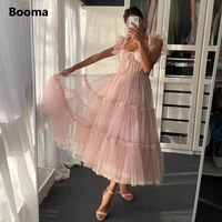 booma simple pink prom dresses spaghetti straps tiered tulle prom gowns exposed boning a line tea length wedding party dresses