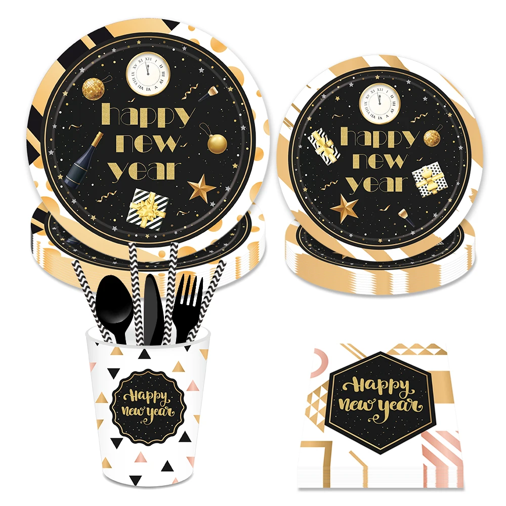 

Happy New Year Dinner Plates Party Decorations Disposable Napkin Cups Tableware Sets New Year Celebration Party Favors